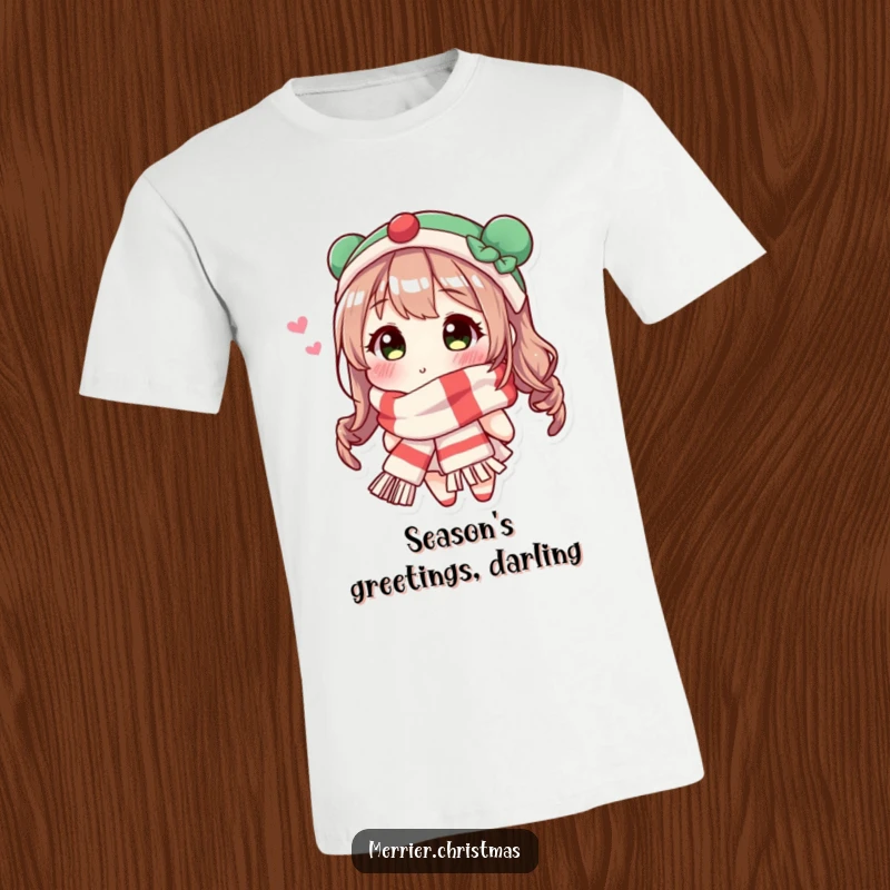 Funny Festive Scarf Kiss T-Shirt of a character wearing a cozy scarf and blowing a cheerful kiss, embodying holiday spirit.