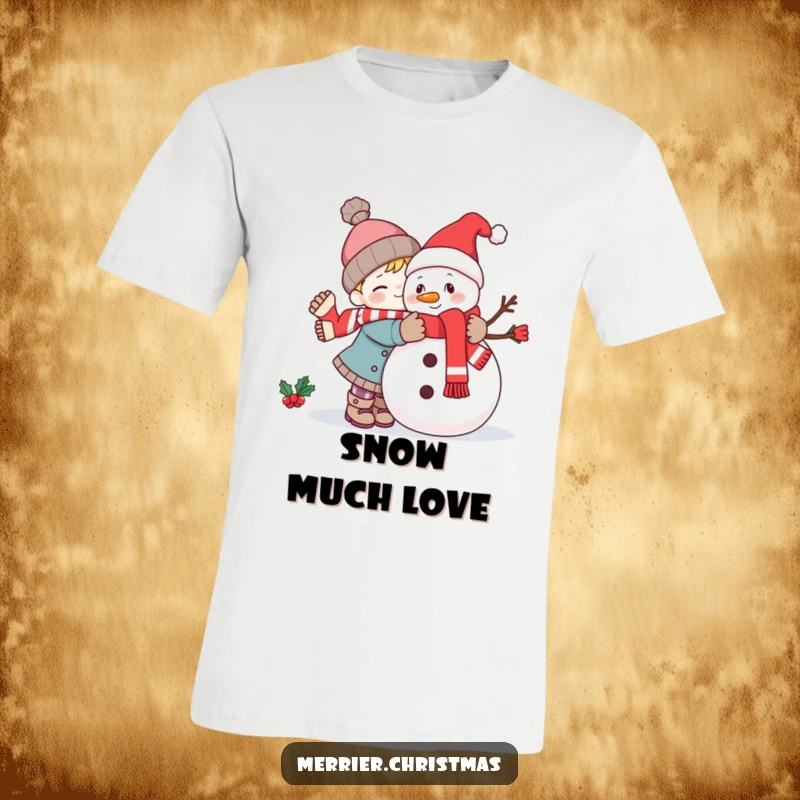Funny kawaii character giving a festive snowman a huge, friendly hug on a t-shirt, capturing winter's warmth.