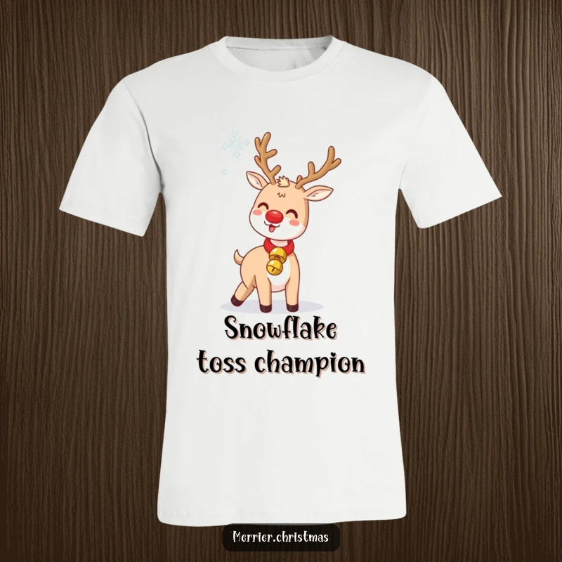 Funny Jingle Bell Reindeer T-Shirt: a gleeful character humorously tossing a snowflake, wearing a jingle bell collar, festive fun.