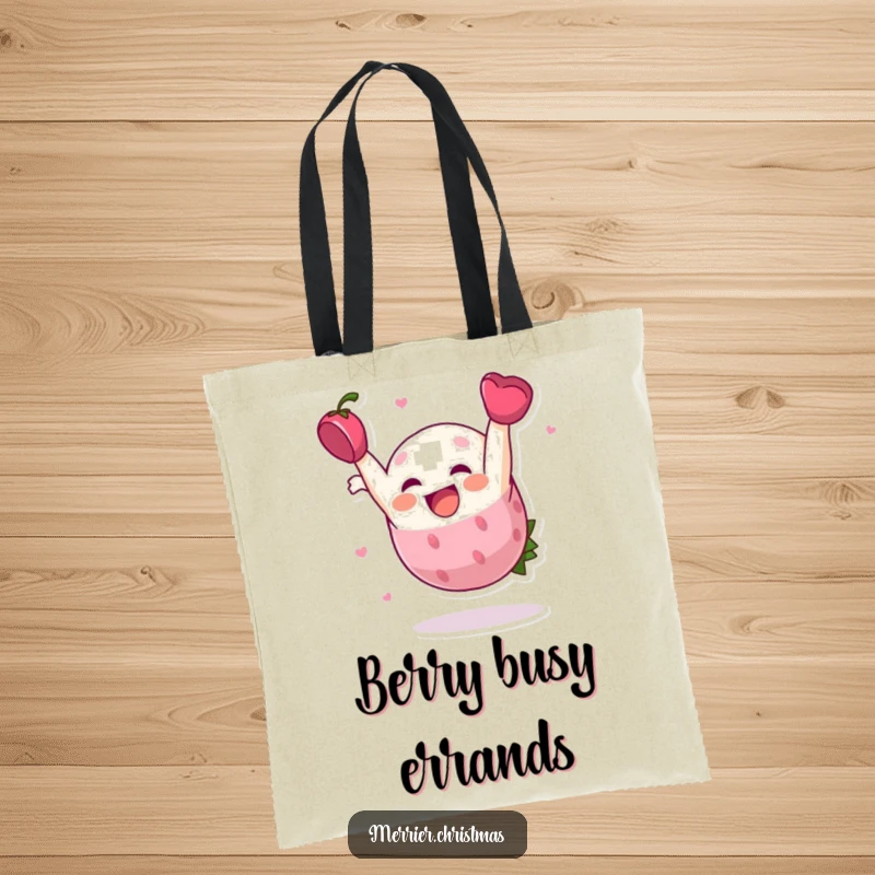 Funny Tote Bag, a holly berry character performing a playful somersault, perfect for carrying festive cheer.