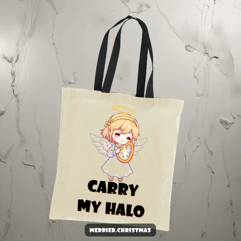 Funny Angel Harp Tote Bag with a character dressed as an angel, playing a tiny, radiant harp, perfect for carrying essentials gracefully.