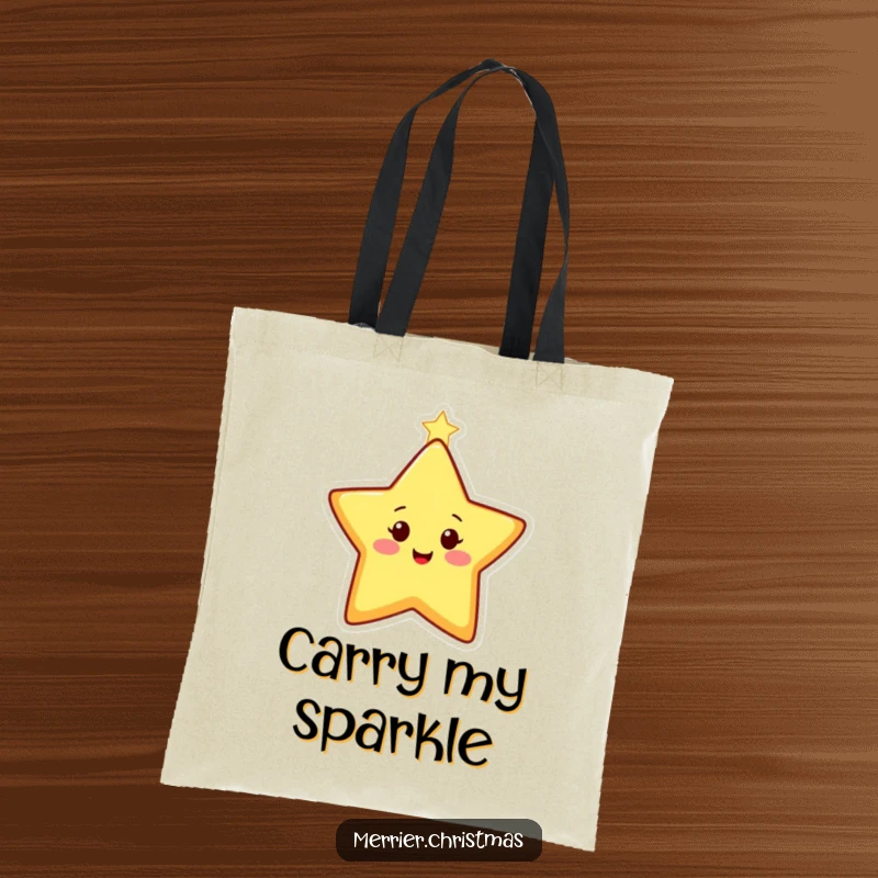 Funny Tote Bag designed with a happy, stylized Christmas star character twinkling brightly, great for holiday errands.