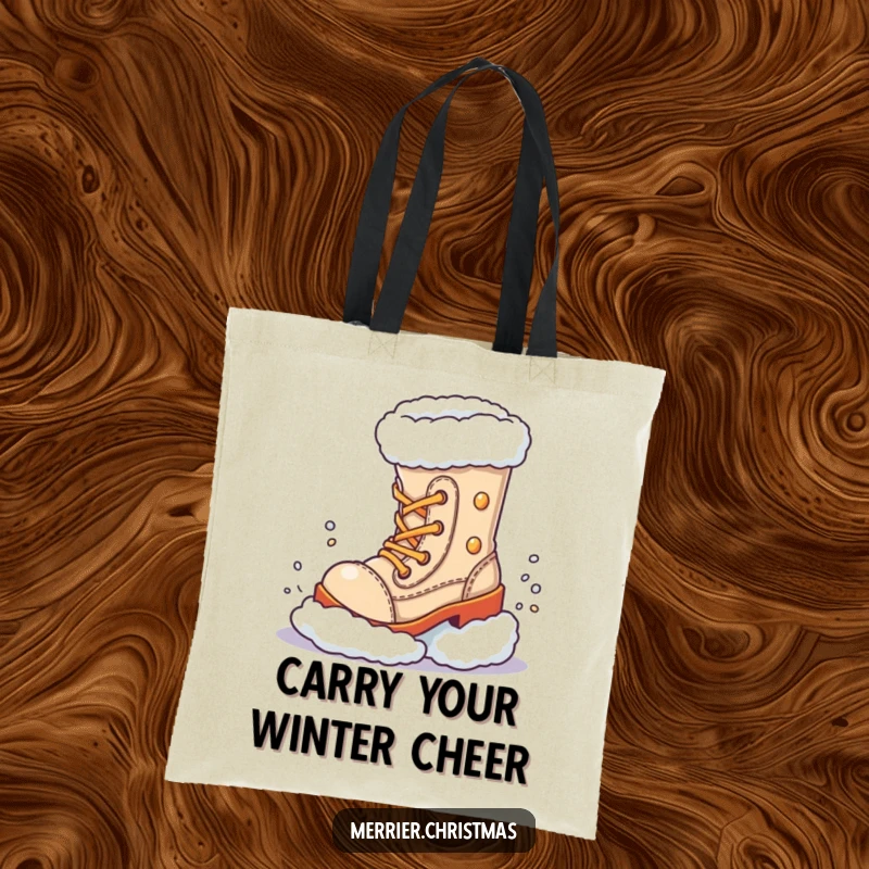 Funny Tote Bag, a charming boot character playfully kicking snow, designed for those who love winter fun.