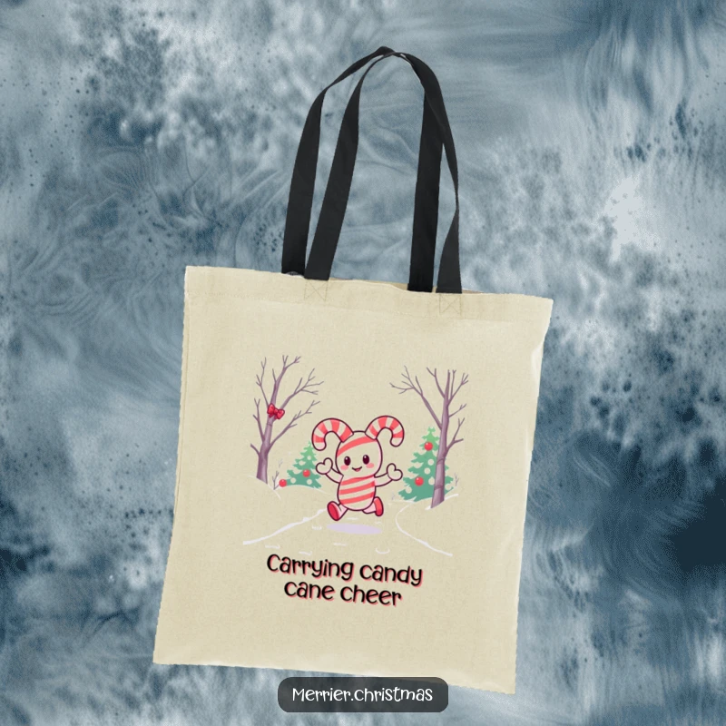 Funny tote bag featuring a kawaii candy cane character merrily walking on a snowy path, ideal for holiday shopping and everyday use.