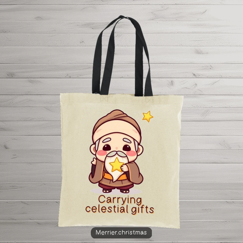 Funny tote bag featuring a kawaii wise man character joyfully offering a tiny, glowing star, perfect for carrying essentials.