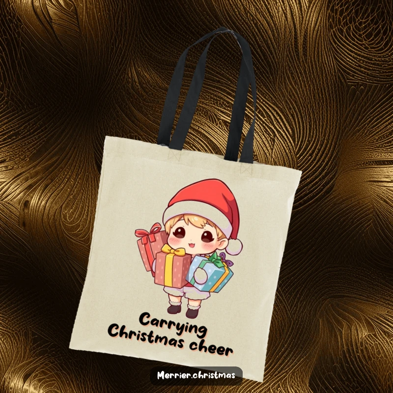 Funny tote bag featuring a character wearing a Santa hat and holding brightly wrapped gifts, a practical and festive accessory.