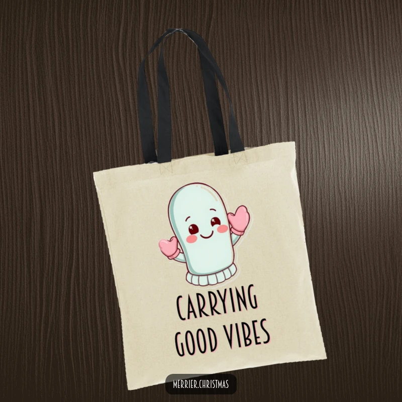 Funny Tote Bag: A mitten character waves energetically with a welcoming smile, perfect for carrying your daily essentials.