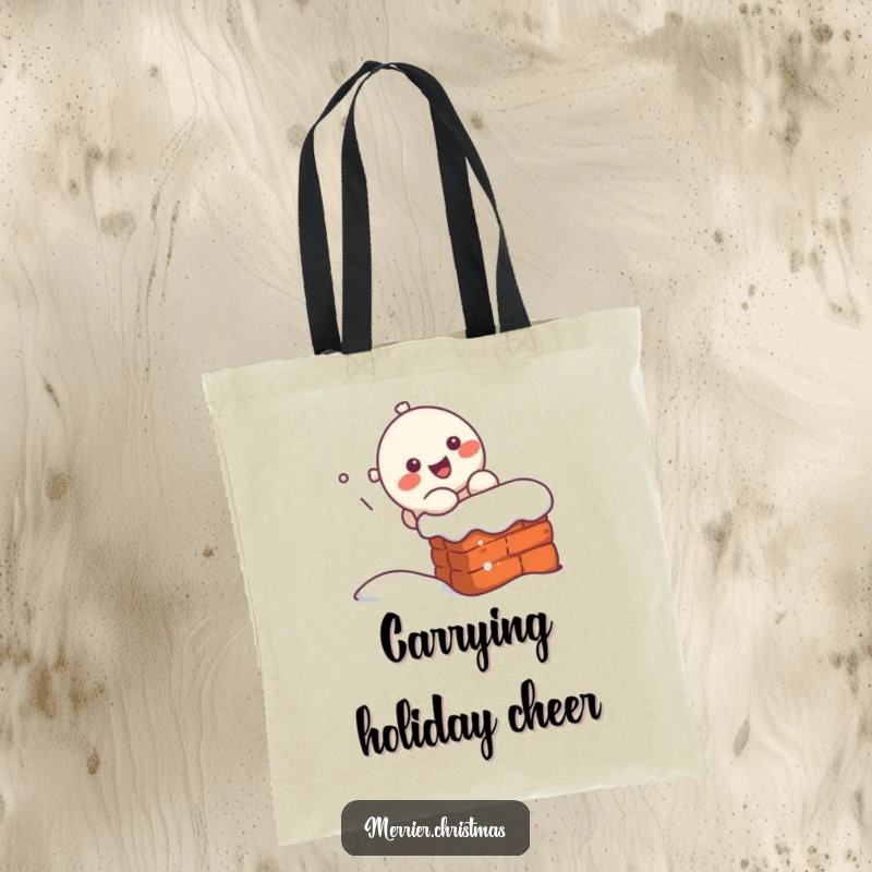 Funny kawaii character captured mid-chimney slide with a wide grin, perfect for a humorous and festive tote bag.