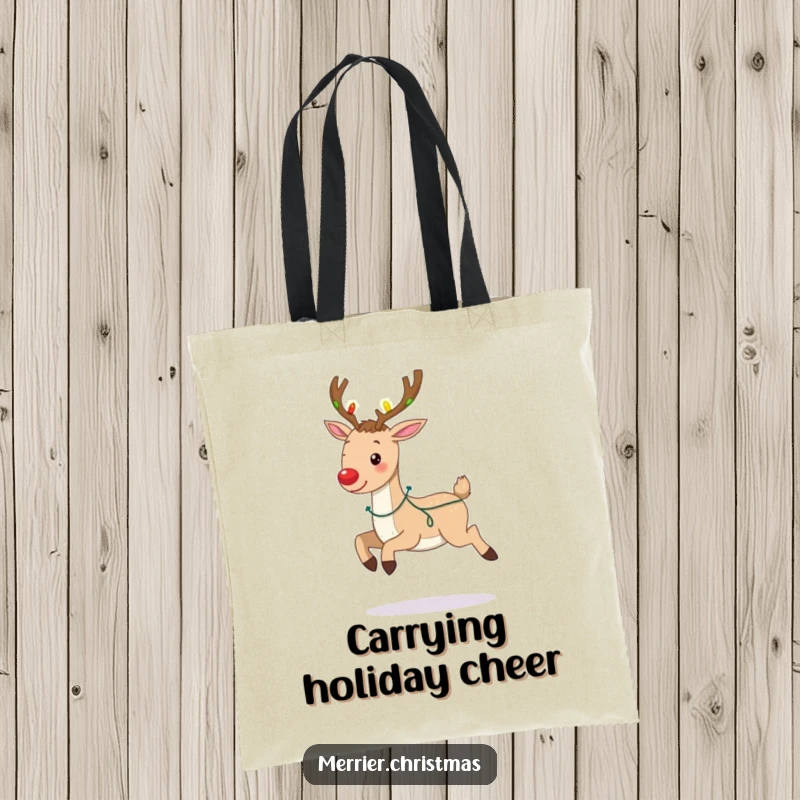 Funny tote bag featuring a jubilant reindeer prancing, its antlers festooned with bright Christmas lights, perfect for holiday shopping.