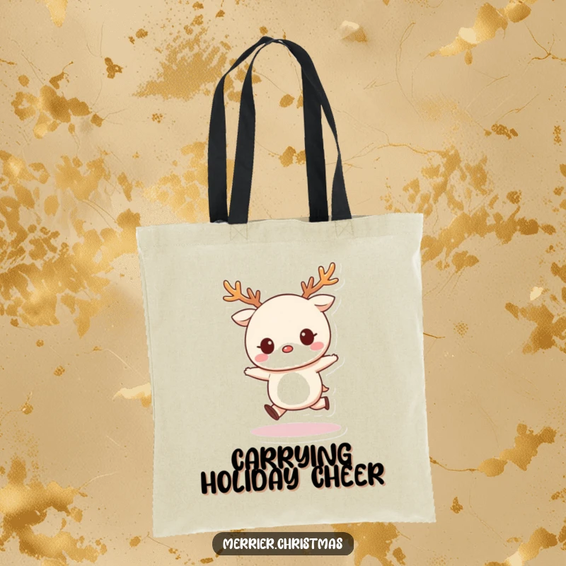 Funny Tote Bag with a kawaii character wearing reindeer antlers and doing a cheerful skip, ready for holiday adventures.
