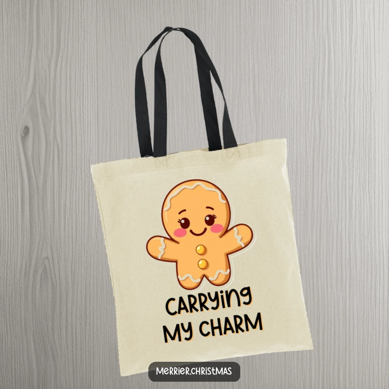Funny gingerbread cookie man tote bag with a beaming smile, perfect for holiday shopping and as a funny gift.