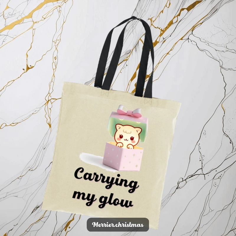 Funny tote bag featuring a kawaii gift box character popping open to reveal a tiny, twinkling light, symbolizing hidden joy.