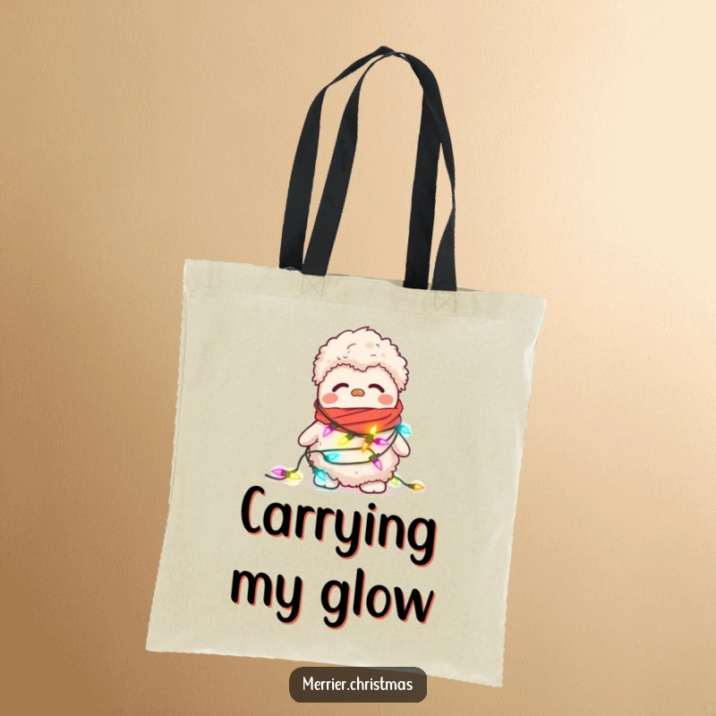 Funny tote bag showing a confused, fuzzy slipper attempting to wear a string of blinking Christmas lights as a scarf.