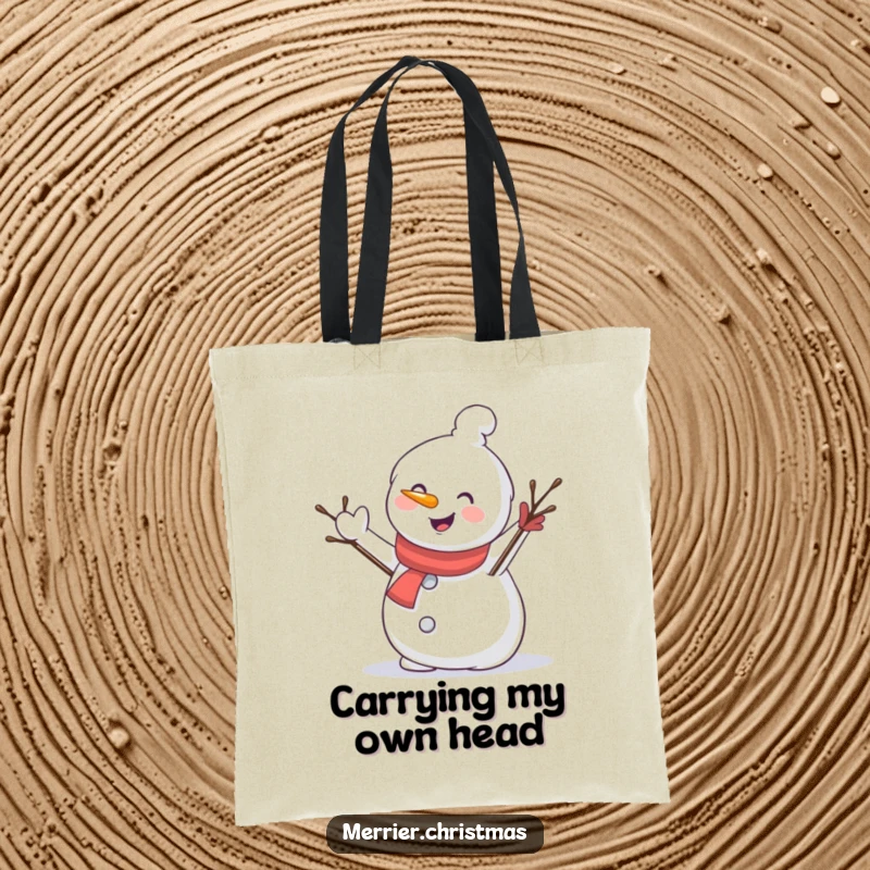 Funny tote bag illustrating a friendly snowman character waving a twig arm, ready to accompany you on snowy escapades.