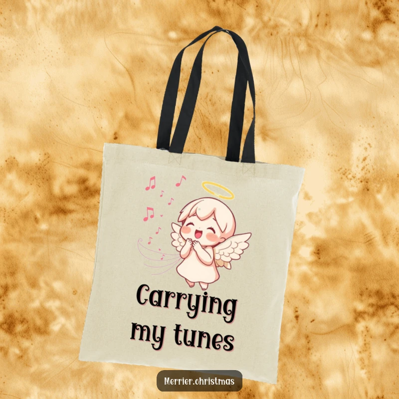 Funny kawaii angel tote bag depicting a singing angel with a joyful expression and a stream of melodic music notes, a peaceful and practical accessory.