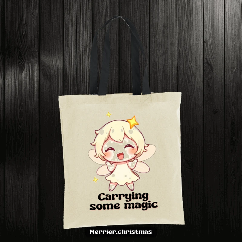 Funny fairy light character twinkling with exaggerated delight, featured on a stylish tote bag for carrying daily essentials.