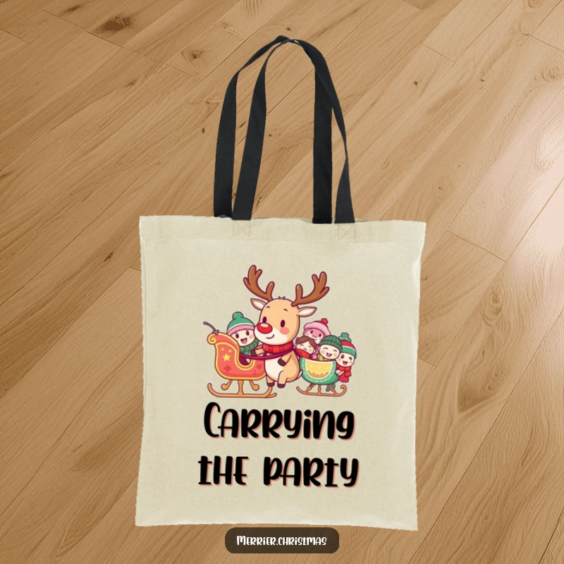 Funny tote bag featuring a reindeer pulling a sleigh loaded with laughing characters, perfect for carrying items with holiday humor.