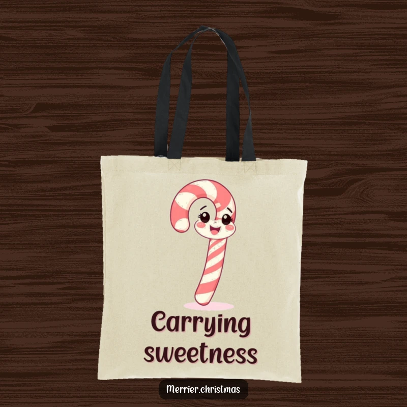 Funny candy cane tote bag, cheerfully spinning, perfect for holiday shopping and as a funny gift.