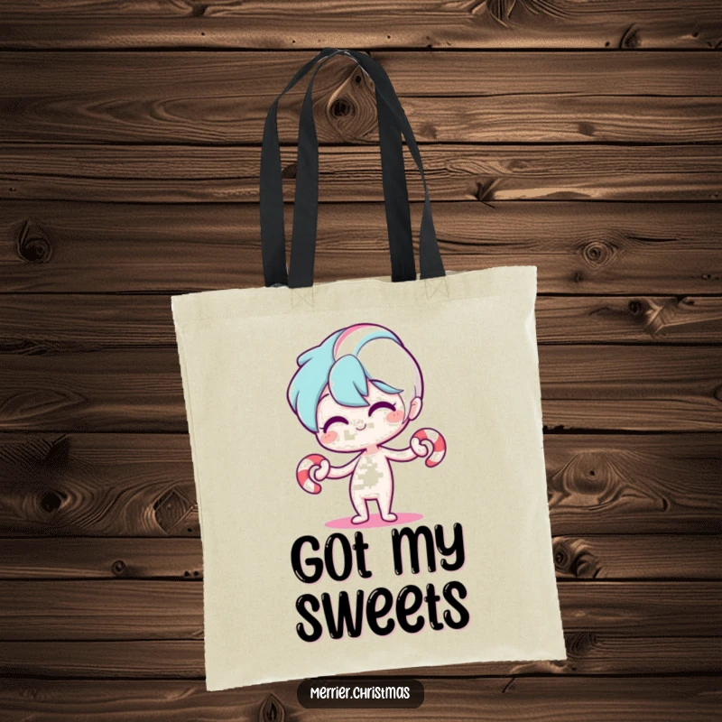 Funny tote bag with a stylized candy cane character bending playfully, ideal for carrying essentials with a dose of holiday cheer and humor.
