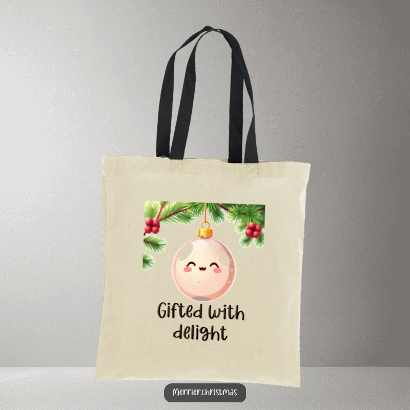 Funny kawaii Christmas ornament tote bag sparkling and spinning with pure delight, a festive and humorous accessory for holiday shopping.