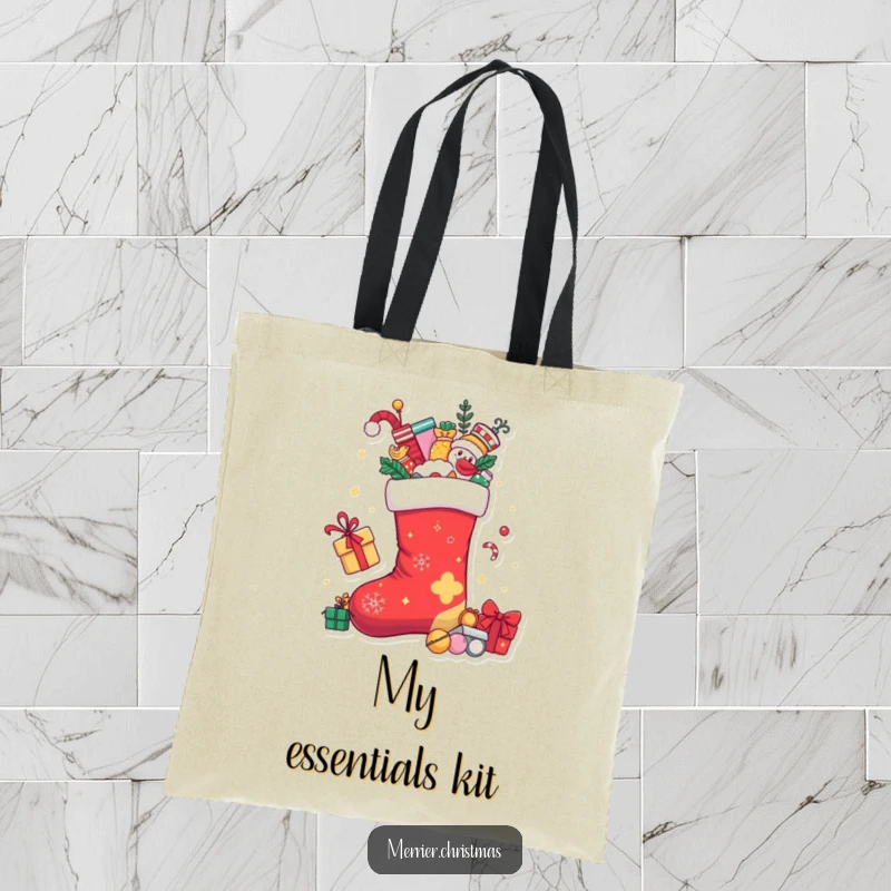 Funny Christmas stocking character overflowing with playful holiday items, featured on a spacious tote bag for gifts.