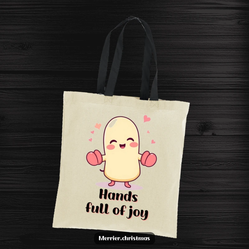 Funny dancing mitten tote bag, a cute character full of glee, joyfully dancing and ready for errands.