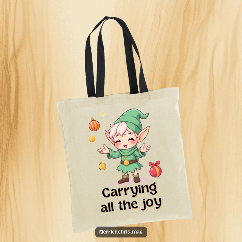 Funny tote bag illustrating a cheerful elf character actively juggling a pile of shiny Christmas ornaments with immense joy and skill.