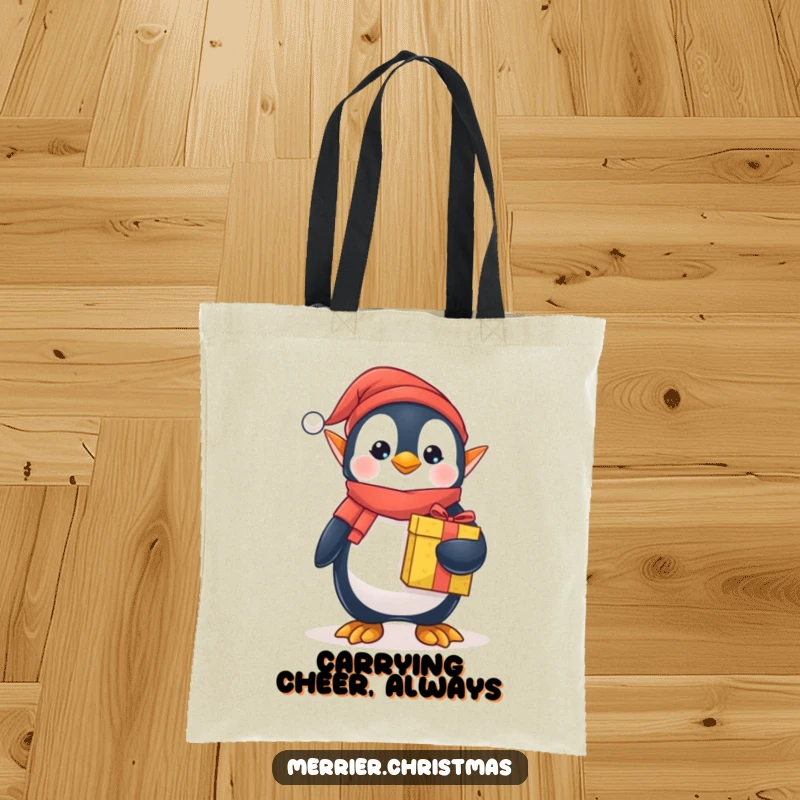 Funny elf penguin tote bag, dressed as an elf, carrying a wrapped present, ready for holiday shopping and festive outings.