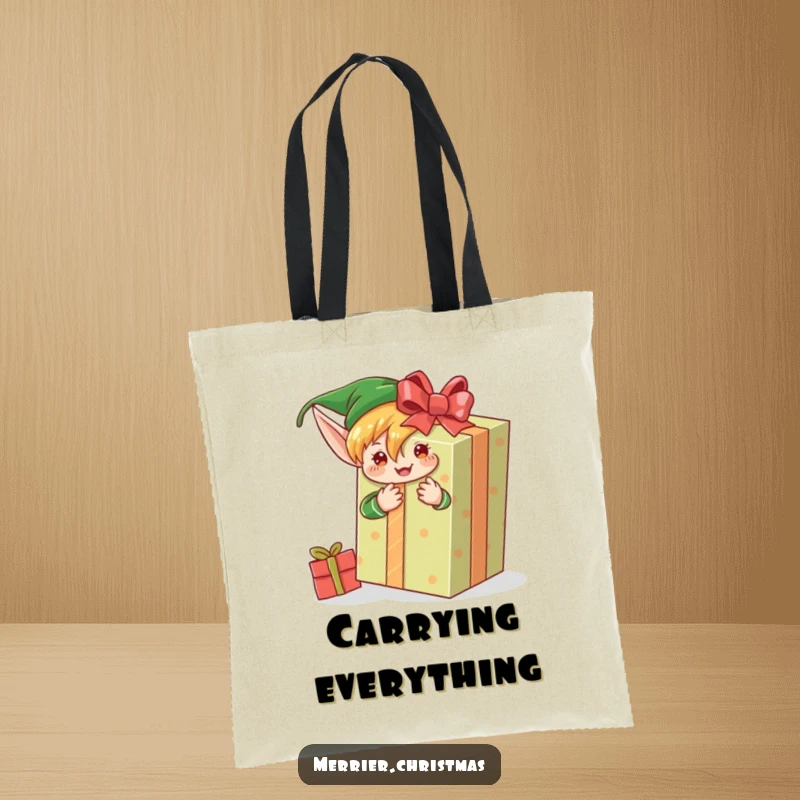 Funny tote bag illustrating an elf character diligently and enthusiastically wrapping an extra-large present for Christmas giving.
