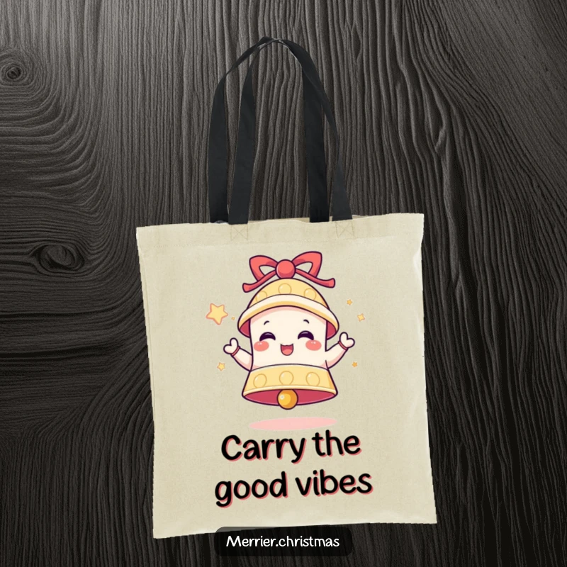 Funny Bell Tote Bag showing a ringing bell character expressing pure delight, perfect for carrying essentials with a festive jingle.