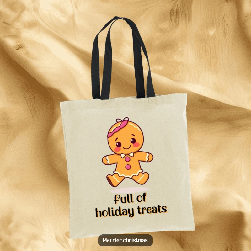Funny tote bag illustrating a happy gingerbread character mid-hop, ready to carry your essentials with festive flair.