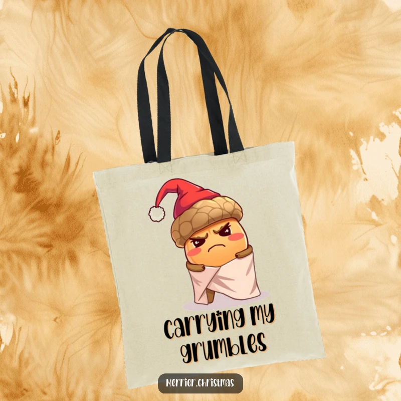 Funny tote bag showing a grumpy, oversized acorn in a tiny Santa hat struggling to wrap itself alone in shiny holiday paper.