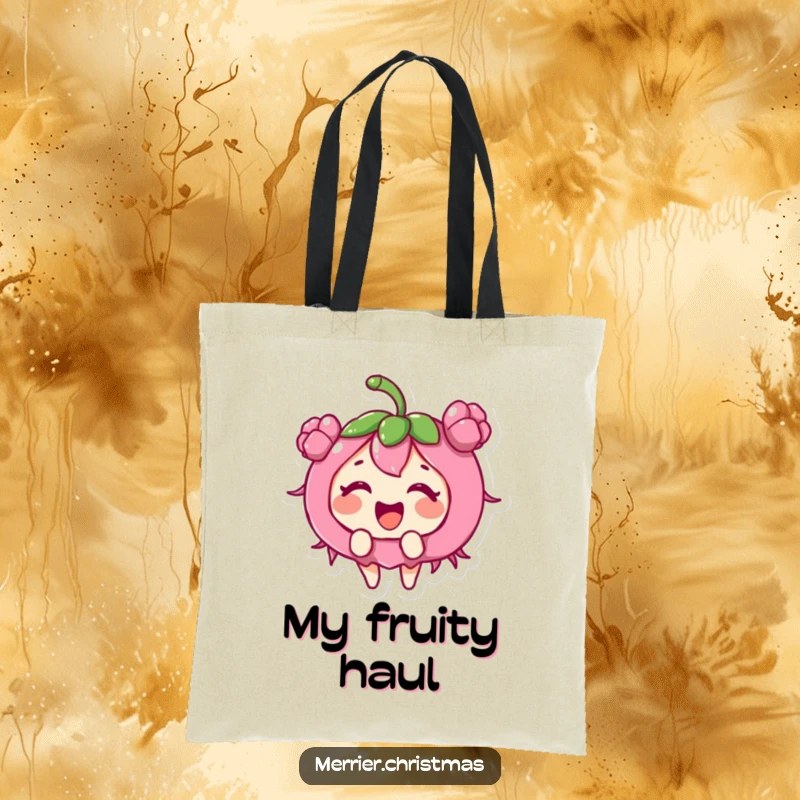 Funny holly berry character giggling with excitement, featured on a durable tote bag for holiday errands.