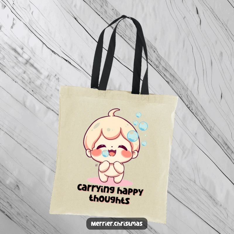 Funny Tote Bag with a kawaii character joyfully blowing a stream of sparkly, iridescent bubbles, perfect for happy travels.