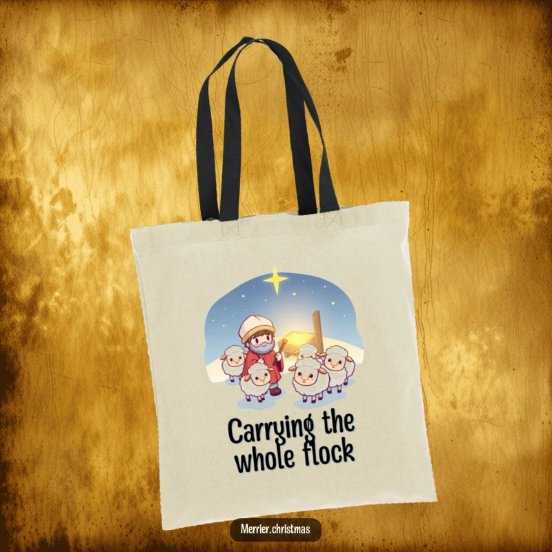 Funny Kawaii Shepherd Tote Bag: Cute cartoon character leading fluffy sheep, spacious and stylish for all your essentials, a real conversation starter.