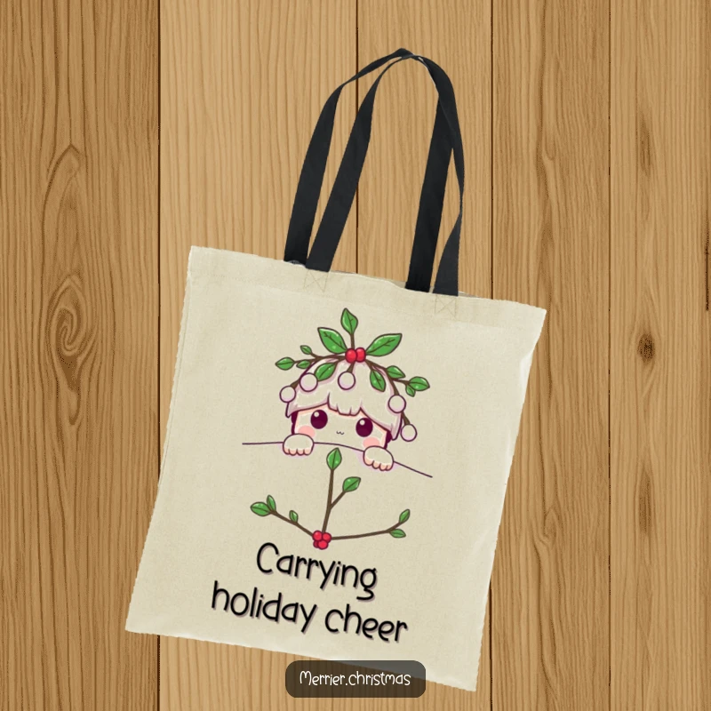 Funny Mistletoe tote bag, a charming character playfully peeking from the top, ideal for holiday market trips.