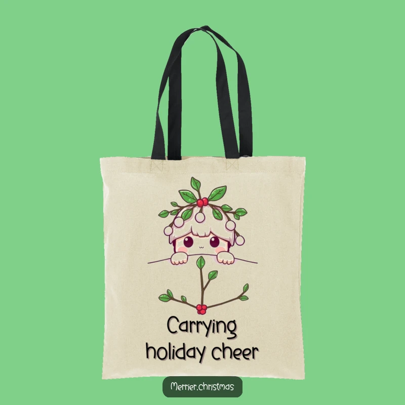 Funny Mistletoe Peeking Tote Bag: Playful Holiday Character Accessory for Shopping Fun