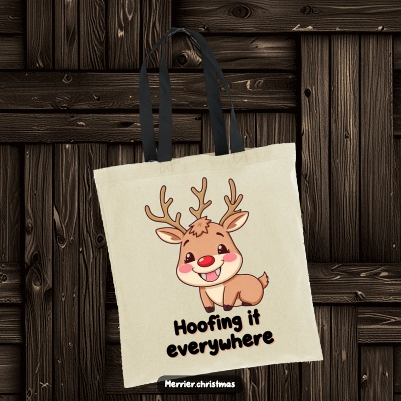 Funny Reindeer Tote Bag with a character's huge, goofy grin and rosy cheeks, ideal for carrying holiday gifts and groceries.