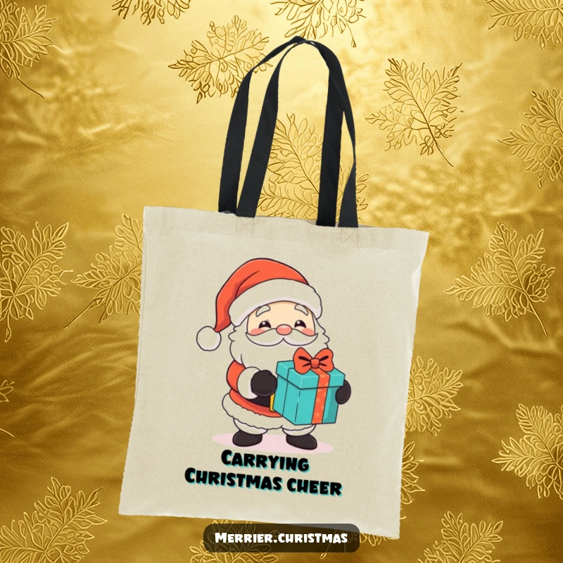 Funny tote bag featuring a cute Santa Claus character with a wink, handing out gifts, perfect for carrying holiday items with festive humor.