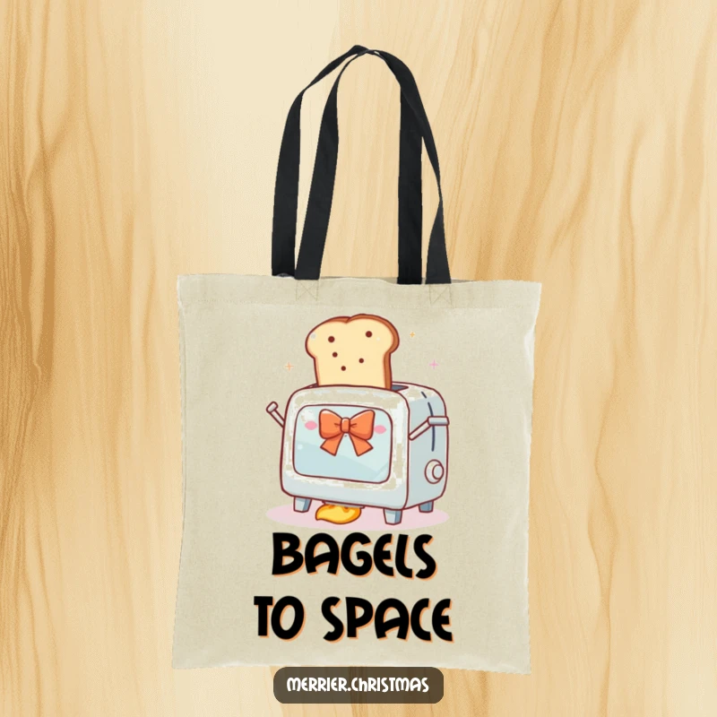 Funny tote bag illustrating a sentient toaster oven launching a slice of bread with a festive bow towards space, a humorous design.